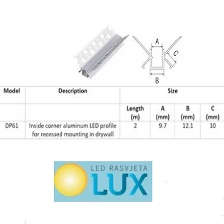 ALU PROFIL UGRADNI UNUTARNJI KUT ZA GIPS 2m za led traku DP61